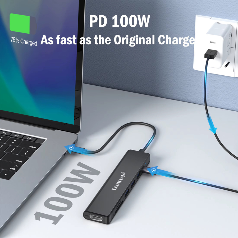 LEMORELE 7-in-1 USB C Hub Dockingstation in Grau mit 4K UHD Videoausgang, 100 W PD und USB-C sowie USB-A 3.0 Ports für MacBook und Windows Laptop - Bild 6