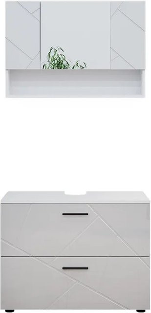 Vicco Badmöbelset Irma in Weiß Hochglanz, bestehend aus Spiegelschrank und Waschtischunterschrank, modern, Breite: 80 cm - Bild 2