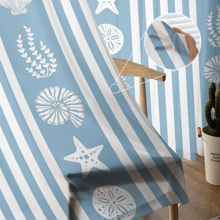 Transparente Tüll Voile Vorhänge mit Ozean-Motiv in Blau und gestreiftem Design, Breite: 135 cm, Höhe: 115 cm - Bild 2
