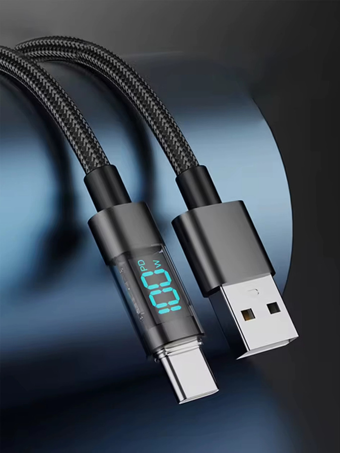 Lann USB-C auf USB-C Schnellladekabel mit Digital-Display und 100W Leistung, Nylon-Geflecht, Schwarz - Bild 7