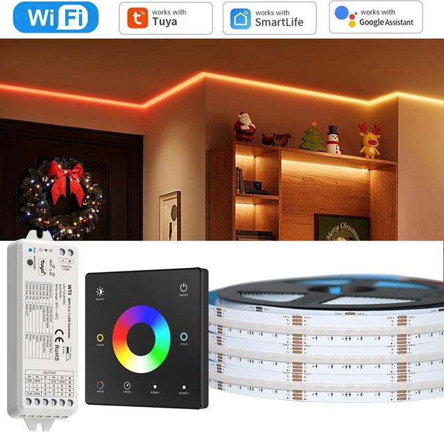 CENFAYA Tuya WiFi COB RGB+CCT LED Streifen 24V, dimmbar mit Fernbedienung und Touch-Steuerung, kompatibel mit Alexa und Google Assistant, mehrfarbig - Bild 1
