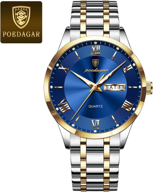 POEDAGAR Armbanduhr, Quarz, Edelstahl, Gold/Blau, Herren, 42 mm - Bild 1