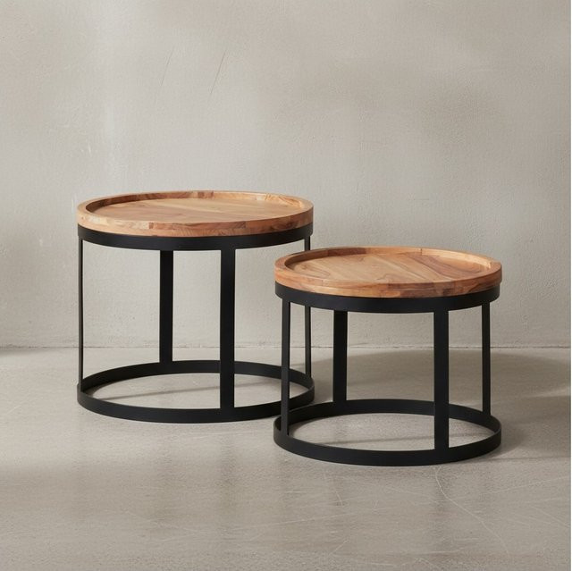 KADIMA DESIGN Beistelltisch-Set INDI: 2er Set aus Akazien-Massivholz und Metall, runde Tischplatten, braun, naturbelassen - Bild 1