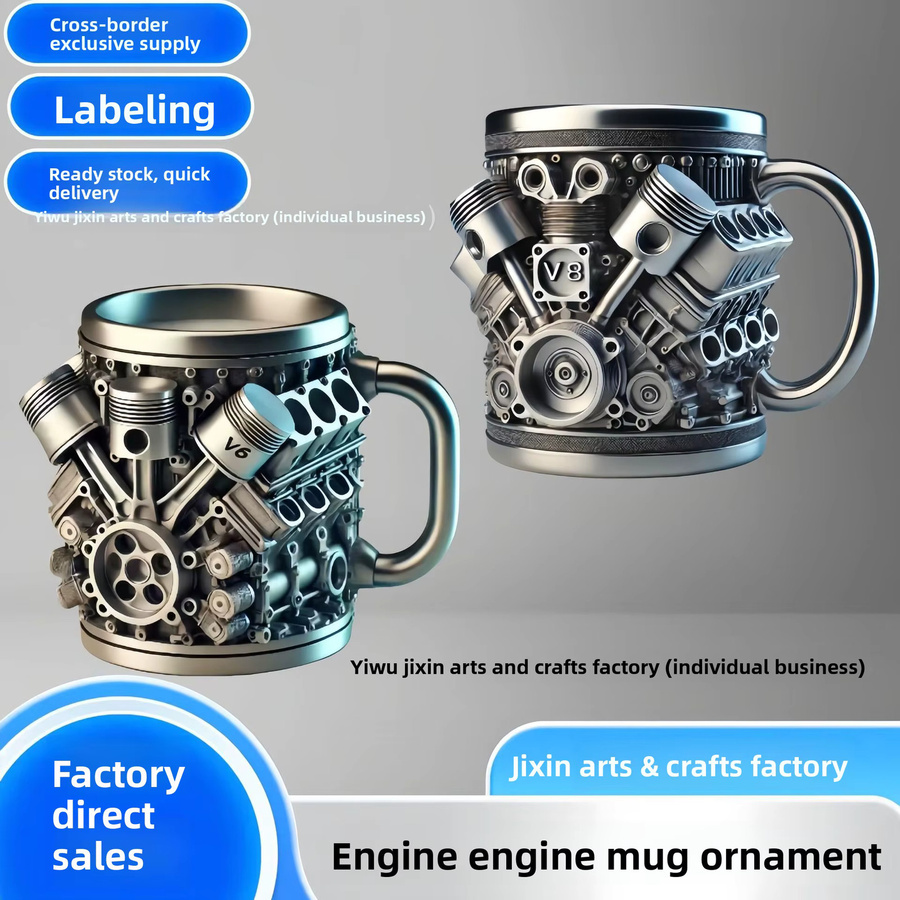 Potdemiel V8-Motor Kaffeetasse V6 3D-Metallbecher aus Kunstharz in Silber - Bild 1