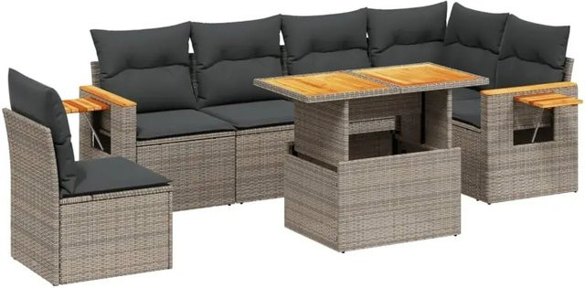 vidaXL 7-teilige Garten-Sofagarnitur in L-Form aus Poly-Rattan und Akazienholz in Grau mit Kissen - Bild 1