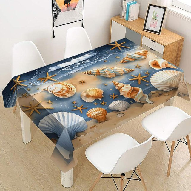 Abwaschbare Tischdecke von JMG Household Supplies im Meeres-Design mit Muschel-, Seestern- und Sanddruck, rechteckig, Mehrfarbig, B: 145 cm, T: 200 cm - Bild 1