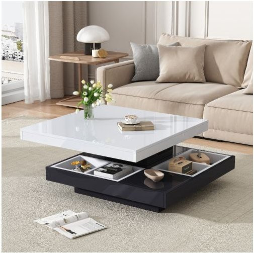 MUVOE Couchtisch mit drehbarer 2-stufiger Tischplatte und Ablagefächern, glänzende Oberfläche, Schwarz/Weiß, B/T/H: 70 x 70 x 36 cm - Bild 1