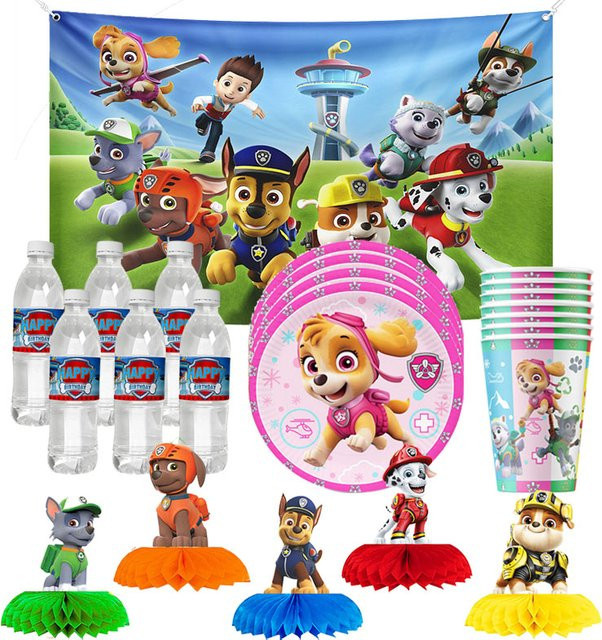 Paw Patrol Party-Dekorationsset für Kinder mit Pappbechern, Trinkflaschenetiketten und Waben-Hintergrund in Mehrfarbig - Bild 1