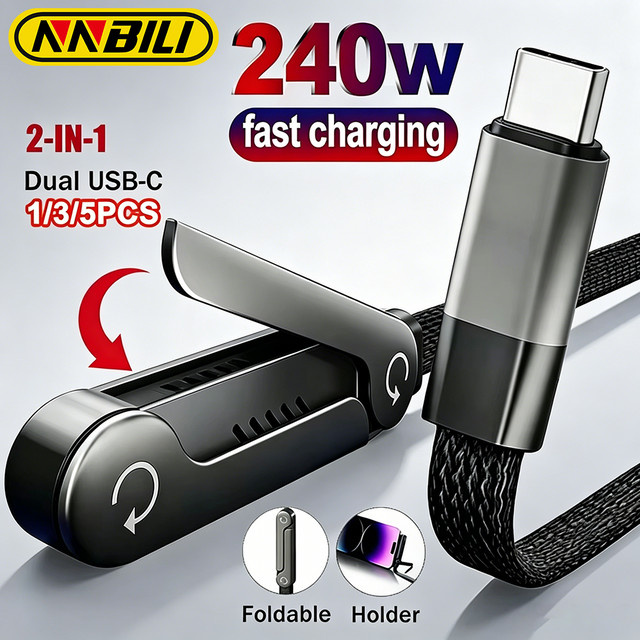 NNBILI USB-C zu USB-C Schnellladekabel mit faltbarer Desktop-Halterung, 240W, Schwarz - Bild 1