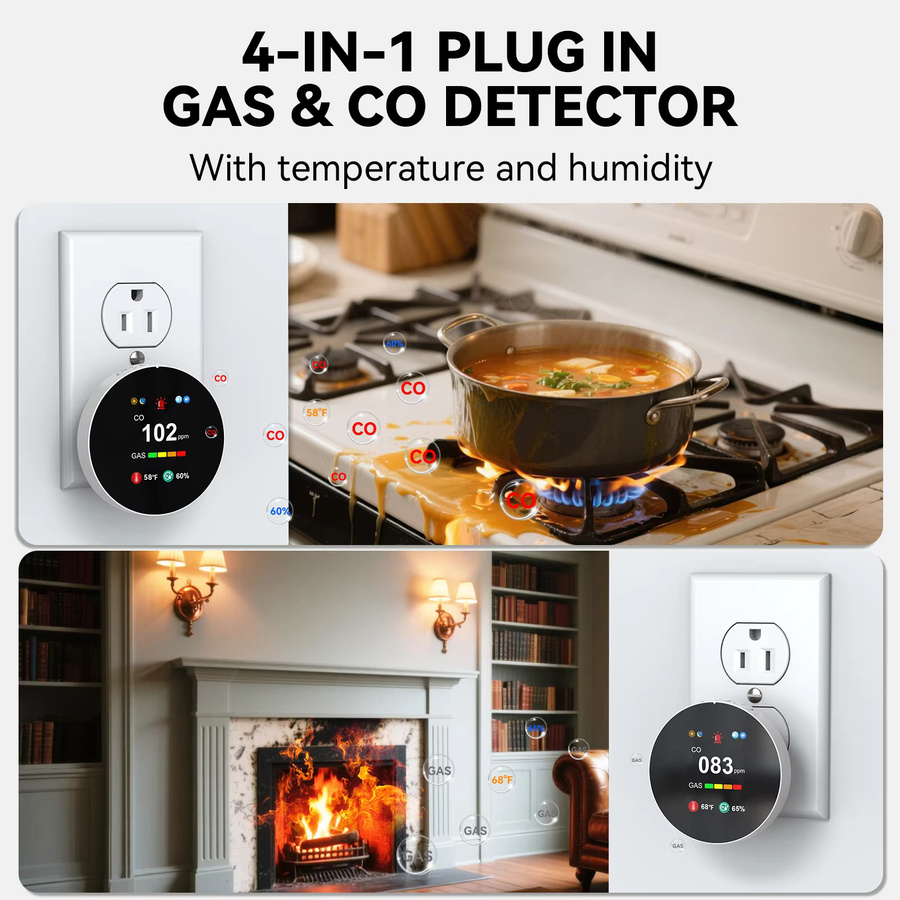 CHZHVAN 4-in-1 Gas- und Kohlenmonoxidmelder mit Erdgasleck-Alarm sowie Temperatur- und Luftfeuchtigkeitsanzeige in Weiß - Bild 4