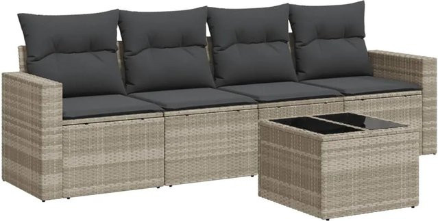 vidaXL 5-tlg Garten-Sofagarnitur in L-Form aus Poly Rattan mit Kissen in Hellgrau - Bild 1