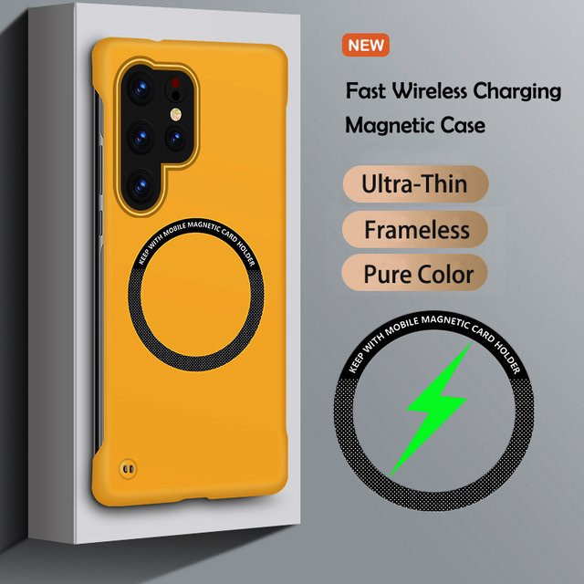 Magnetische und rahmenlose Handyhülle für Samsung S25 Edge S24 S23 S22 S21 S20 FE Plus Ultra in Orange mit MagSafe Kompatibilität - Bild 1