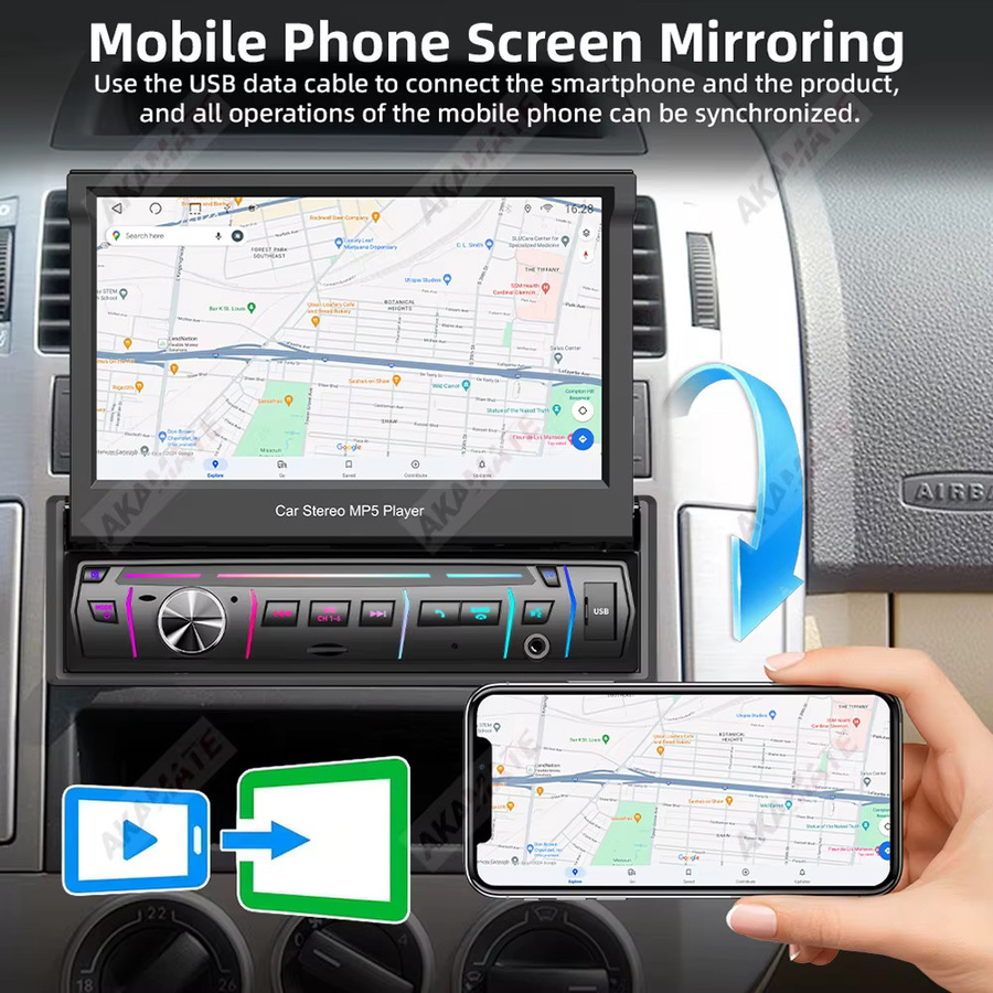 AKAMATE 7-Zoll Autoradio mit manuell einziehbarem Bildschirm, Bluetooth, Mirrorlink und Sprachassistent, 1Din Multimedia-Player in Schwarz - Bild 5