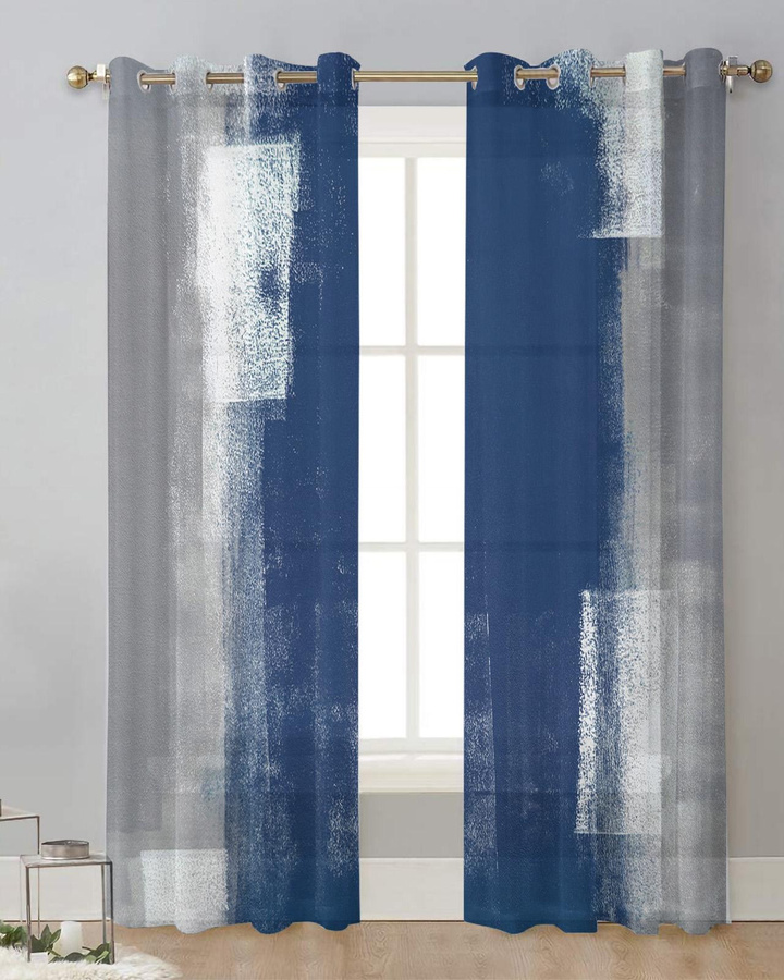 Transparente Tüll- und Voile-Vorhänge mit abstraktem Ölgemälde-Design in Blau und Grau, Breite: 135 cm, Höhe: 115 cm - Bild 3
