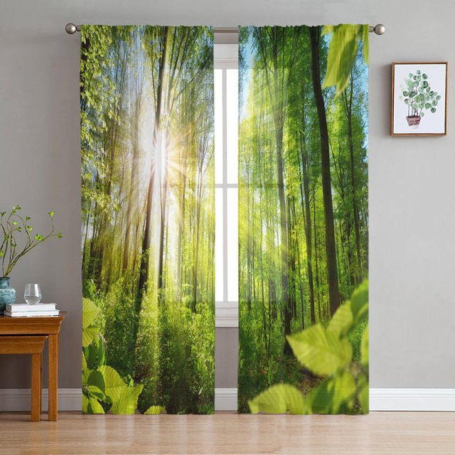 Transparente Tüll-Fenstervorhänge Grüne Waldsonne mit Naturmotiv aus Polyester, 2er-Set, Breite: 135 cm, Höhe: 185 cm - Bild 1