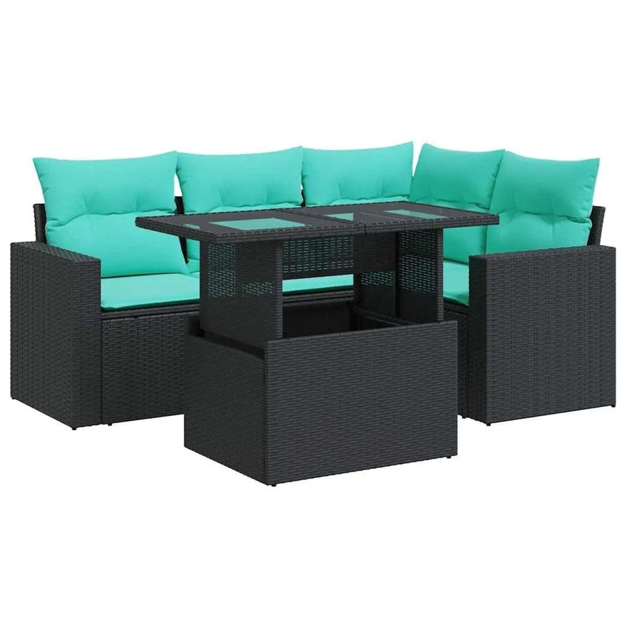 vidaXL 5-teilige Garten-Sofagarnitur in L-Form aus Polyrattan und Akazie mit Kissen in Schwarz - Bild 2