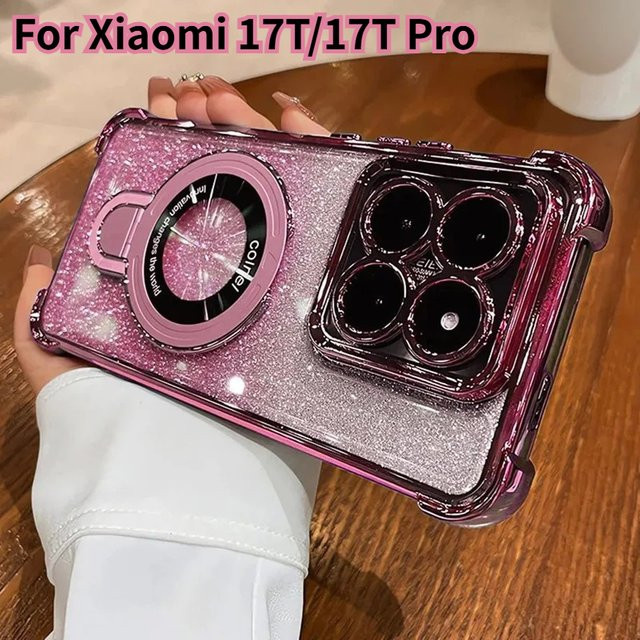 Glitzer Silikonhülle mit Ständer und Objektivschutz für Xiaomi 17T Pro Redmi 15 15C Note 15 Pro Plus in Pink - Bild 1