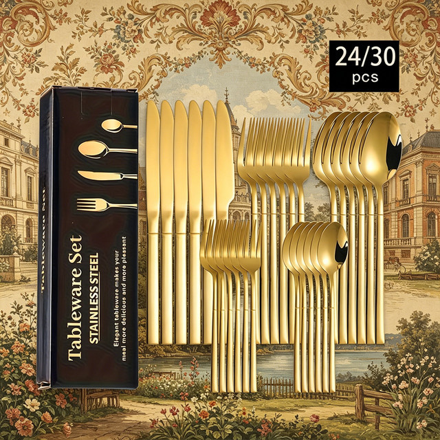 30/24-teiliges Ritterbesteck-Set aus poliertem Edelstahl in Gold für 6 Personen inklusive Messer, Gabel und Löffel - Bild 1