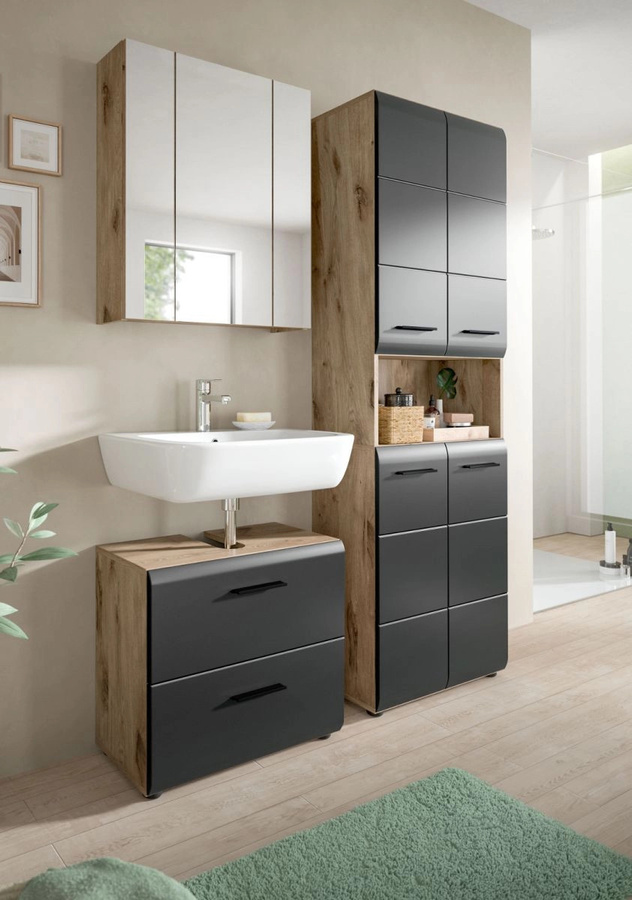Badmöbel Set Cover von Inn.Furn in Schwarz und Eiche, 3-teilig, modern, Breite: 135 cm, Höhe: 185 cm, Tiefe: 30 cm - Bild 4