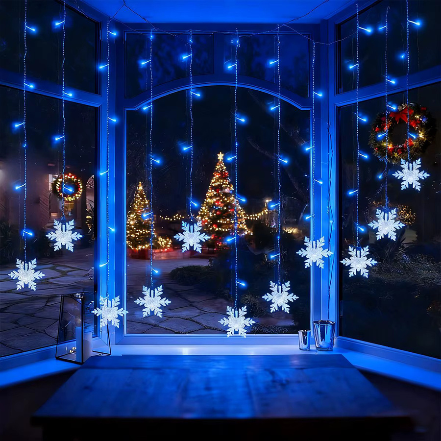 Peach Forest Solar LED Schneeflocken Vorhanglichter in Weiß für Weihnachten, Party und Hochzeit, 96 LEDs, wasserdicht - Bild 2