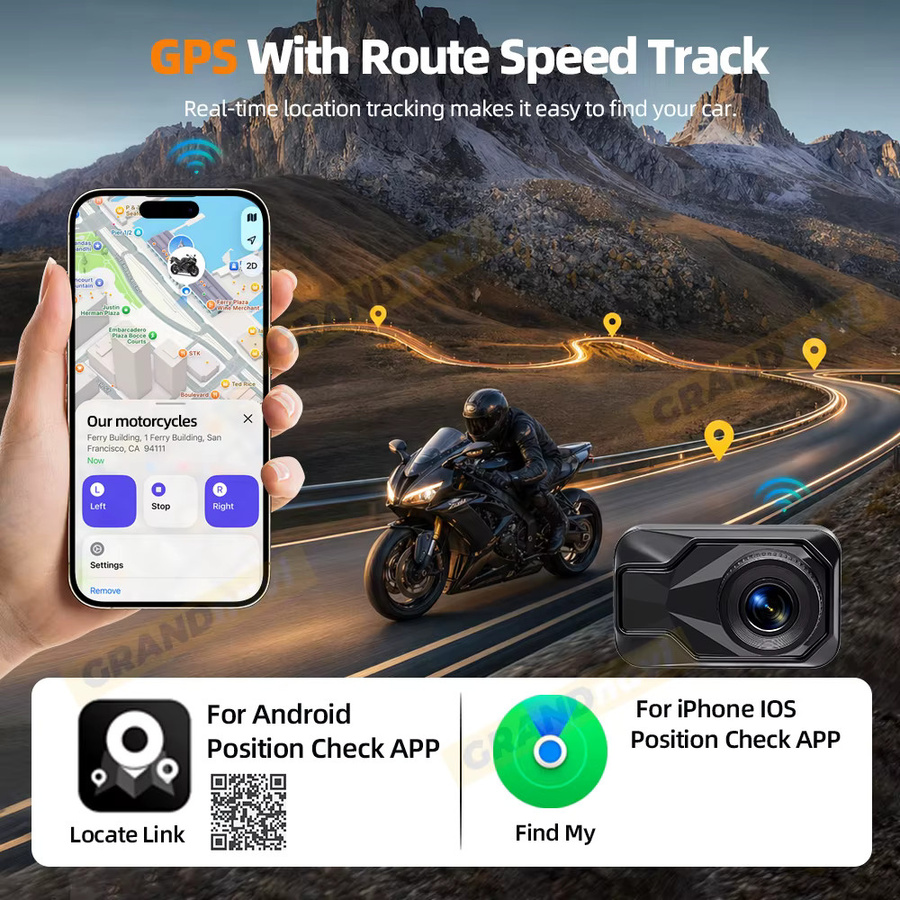 Grandnavi Wasserdichte Motorrad Dual 2K DVR Dashcam mit WiFi und Apple Find My Unterstützung, Schwarz - Bild 3