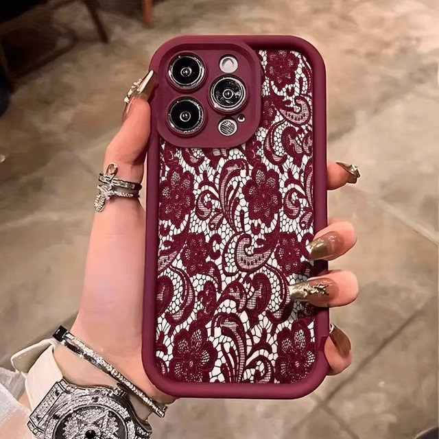 Apple iPhone Handyhülle aus TPU mit rotem Blumenmuster und Spets-Design, Anti-Drop Schutzhülle für iPhone 17 Pro Max, 16, 15, 14, 13, 12, 11 Pro Max, Xs, Xr, X, 7, 8 Plus und SE-Serie - Bild 1