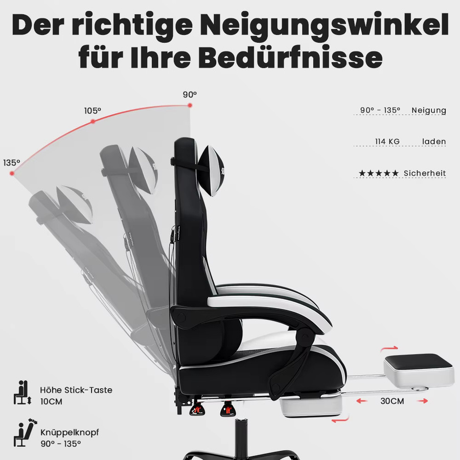 SUKIDA Ergonomischer Racing-Gaming-Stuhl in Schwarz-Weiß mit Kopfstütze und Lordosenstütze, verstellbar und drehbar aus Kunstleder - Bild 4