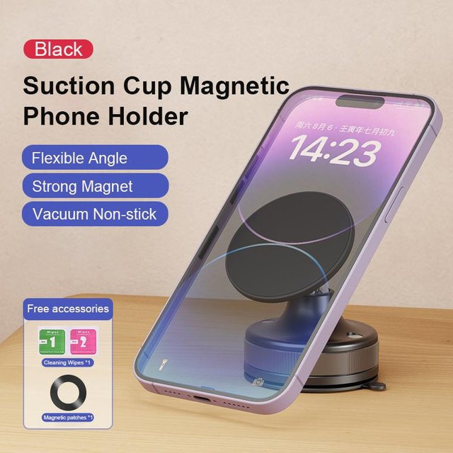 Magnetische Vakuum-Autohalterung für iPhone 16 15 14 13 12 Pro, faltbarer Desktop-Telefonhalter mit 360 Grad Drehung, Schwarz - Bild 1