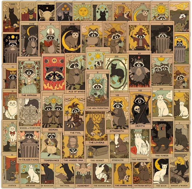 Charile Retro Katze Waschbär Tarot Karte Aufkleber, Bunt / Mehrfarbig - Bild 1