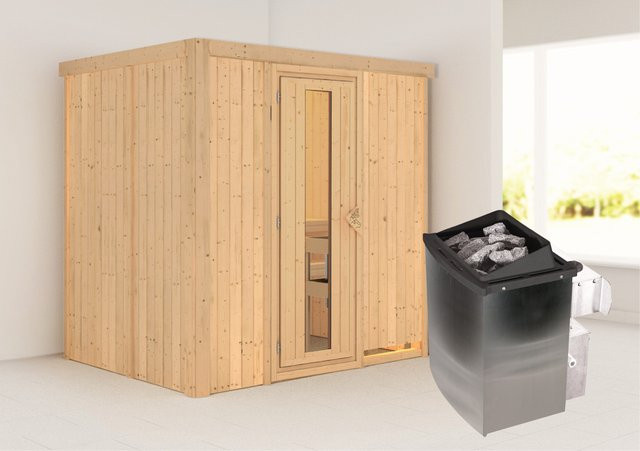 Karibu Sauna Bjar aus nordischer Fichte mit Ofen, integrierter Steuerung und Tür, Farbe: Braun, B/T/H: 196 x 151 x 198 cm - Bild 1