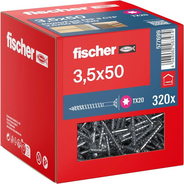 Fischer PowerFast II Senkkopf TX Teilgewinde Schraube aus verzinktem Stahl, Farbe: Silber/Blau, Durchmesser: 3,5 mm, Länge: 50 mm, 320 Stück - Bild 1