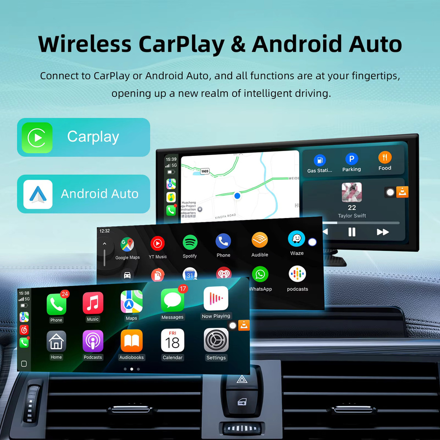 Ezonetronics Tragbares Auto-Display mit 10,26 Zoll 4K Touchscreen, Kabelloses Apple CarPlay und Android Split-Screen System, Schwarz - Bild 3