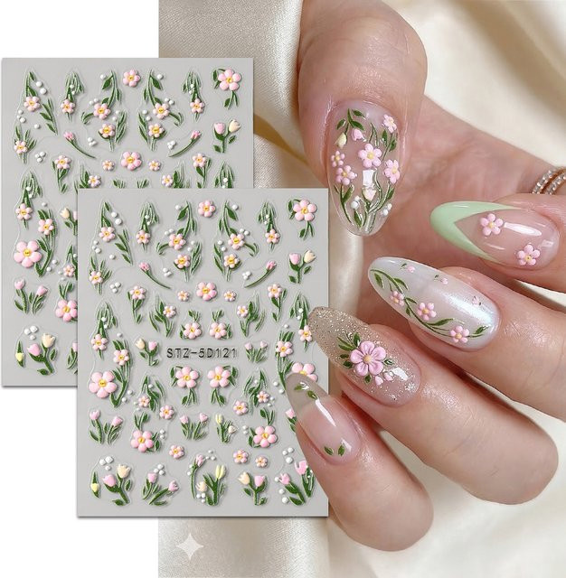 QIANJIKU Nagelkunst-Aufkleber, Rosa Blumen Grüne Ranken, Glänzend - Bild 1