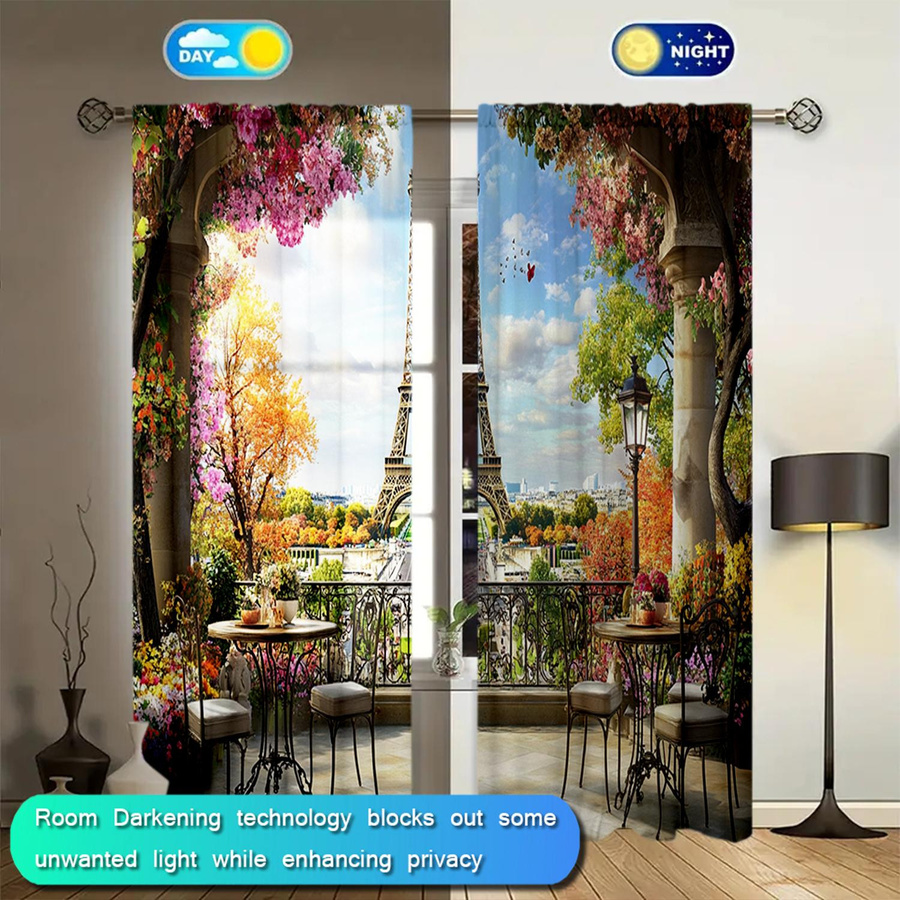 2er-Set halbtransparente Vorhänge mit Eiffelturm-Print von Household supplies MH, modern, Mehrfarbig, B: 52,5 cm x H: 116 cm - Bild 4