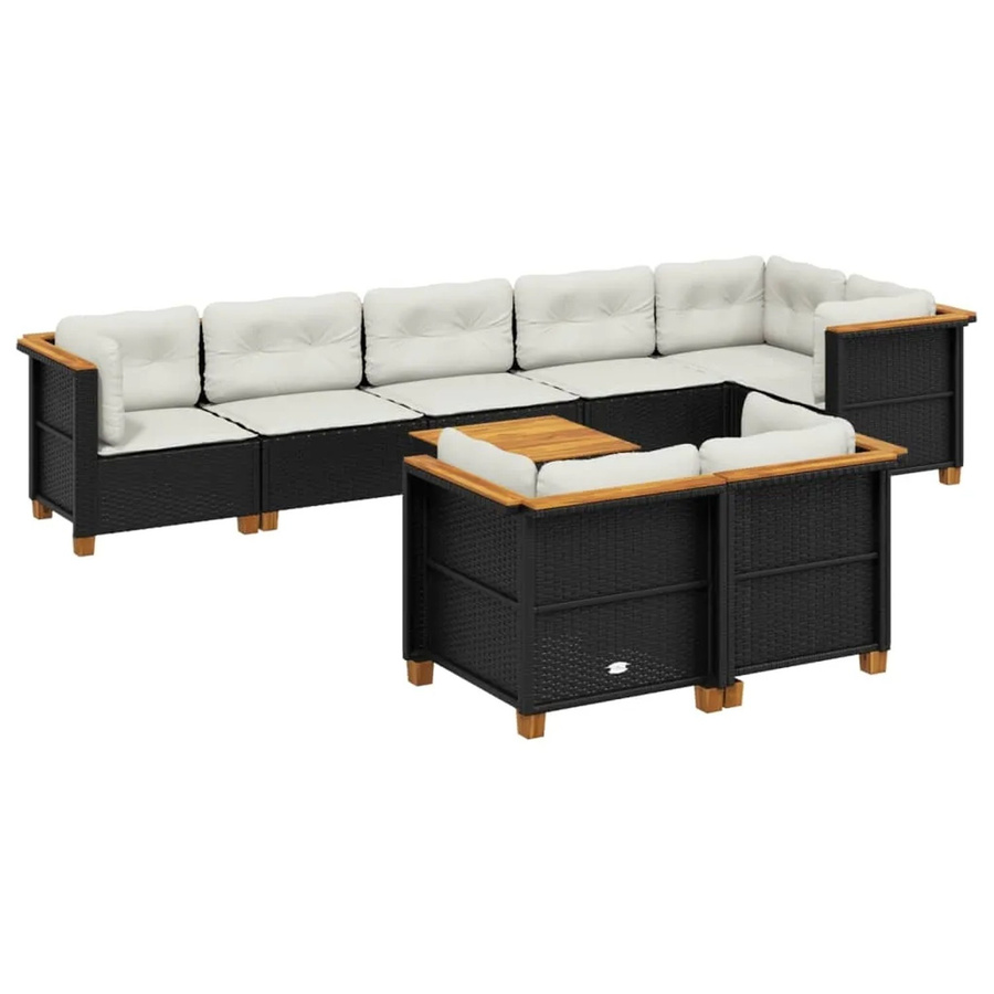 vidaXL 9-tlg Garten-Sofagarnitur aus Poly-Rattan und Akazienholz in Schwarz mit cremeweißen Kissen - Bild 2