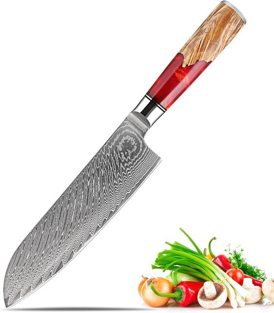 Xituo Santoku Damastmesser aus Damaststahl mit rotem Harzgriff, Länge: 17,78 cm - Bild 1