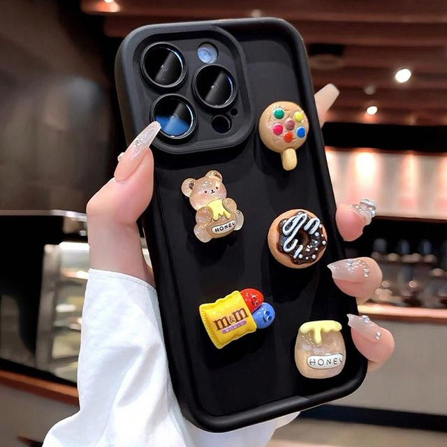 Handyhülle mit 3D Bär Honig Donut Design für Samsung Galaxy S25 Ultra S24 FE S23 S22 Plus A36 A26 A16 A06 A34 A25 weiche Schutzhülle in Schwarz - Bild 1