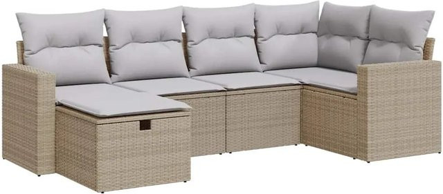 vidaXL 6-tlg. Garten-Sofagarnitur in L-Form mit Kissen und Ottoman, Beige, Poly-Rattan mit Metallgestell - Bild 1
