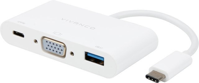 Vivanco 3in1 USB Type C zu HDMI, VGA und USB-A Adapter in Weiß, 0,1 m - Bild 1