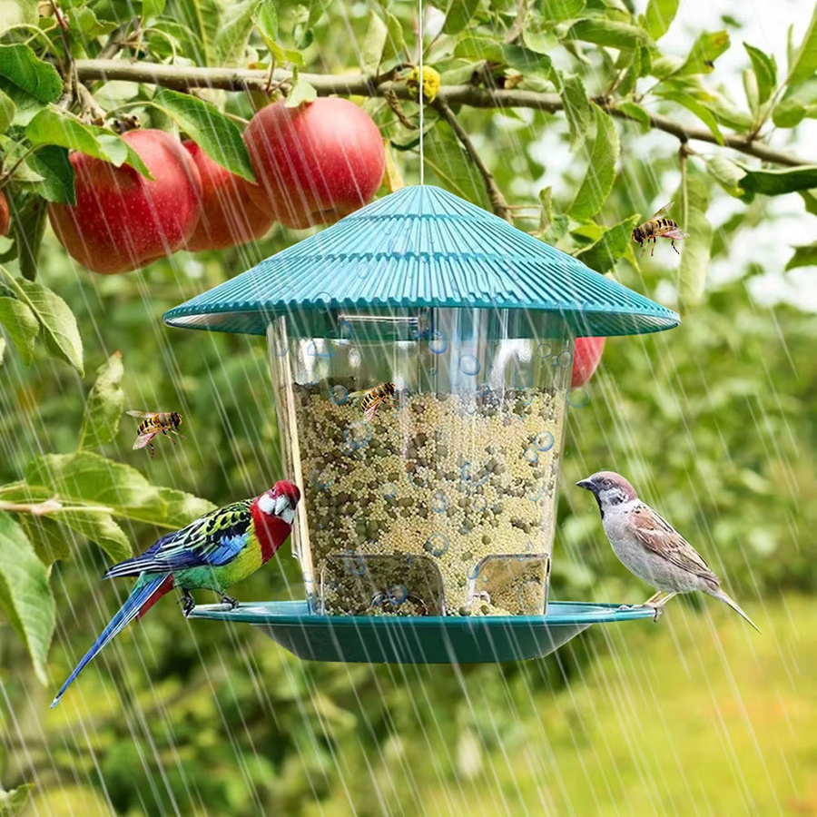 YTYIN Automatischer Vogelfutterspender mit Fußbedienung für den Außenbereich, Hängender Nussfutterspender mit Mehrfachlöchern und Futterbehälter in Blau und Türkis - Bild 4