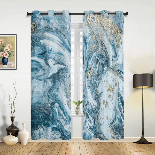 Yiran Furniture Vorhang Set mit 2 Panels in Blau und Gold, Modernes Abstract Marble Design mit 3D Digitaldruck, halbtransparent, Material Polyester, Breite: 60 cm, Höhe: 60 cm pro Panel - Bild 1