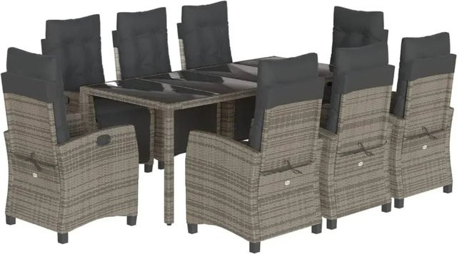 vidaXL 9-teilige Garten-Essgruppe aus Poly-Rattan mit Kissen und Hartglas in Grau - Bild 1