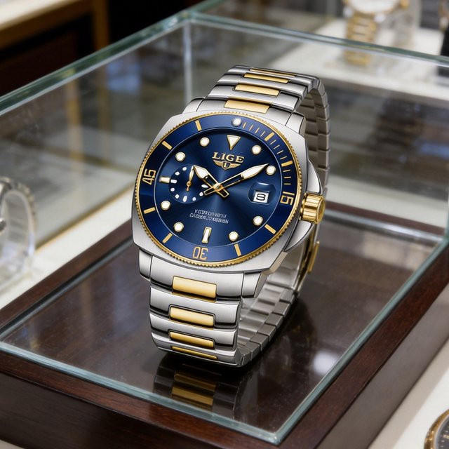 LIGE Armbanduhr Edelstahl, Quarz, Datum, Blau, Herren - Bild 1