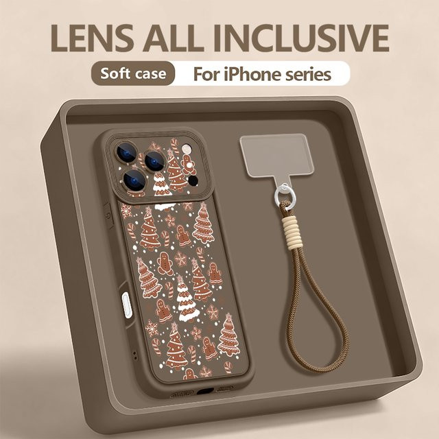 Stoßfeste YISHANGOU Handyhülle mit Weihnachtsbaummuster und Lanyard für iPhone 17 Pro Max, 16, 15, 14, 13, 12, 11 in Braun und Multicolour - Bild 1