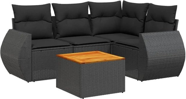 vidaXL 5-teilige Garten-Sofagarnitur aus Poly-Rattan und Akazienholz in Schwarz mit Kissen - Bild 1