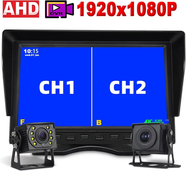 QXNY 10,1 Zoll 2CH Monitor AHD1080P Rückfahrkamera DVR Recorder mit Nachtsicht in Schwarz für 24V LKW Bus und Wohnmobil - Bild 1