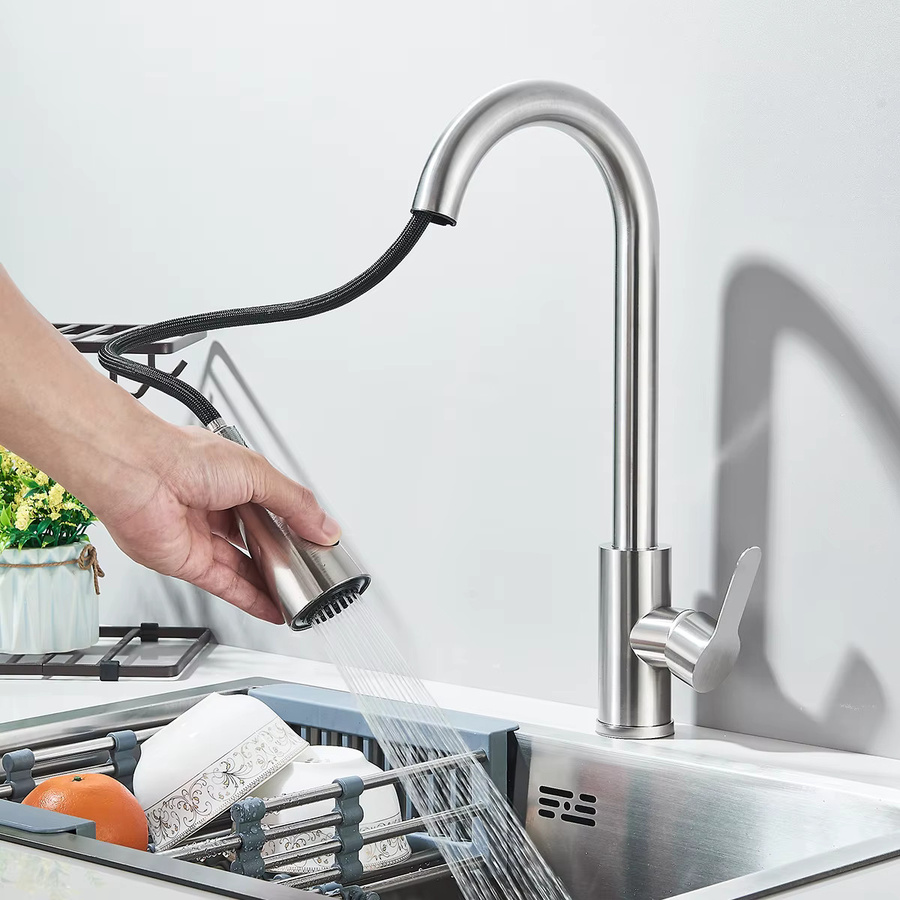 Quyanre Küchenarmatur aus Edelstahl mit ausziehbarem Brausekopf und zwei Strahlmodi, Einhebelmischer für die Arbeitsplatte in Silber (Brushed Nickel) - Bild 2