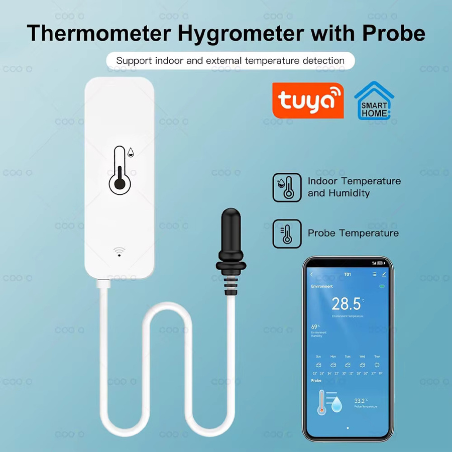 Tuya WiFi Temperatur-Feuchtigkeitssensor mit externer Sonde in Weiß, kabelloser Thermometer-App-Monitor für Gefrierschrank, Kühlschrank und Aquarium - Bild 2