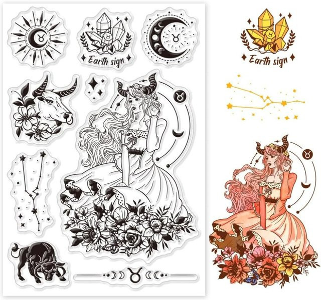 Taurus Constellation Woman Silikonstempel mit Halbmond, Blume und Kristall für die Kartenherstellung, transparent - Bild 1