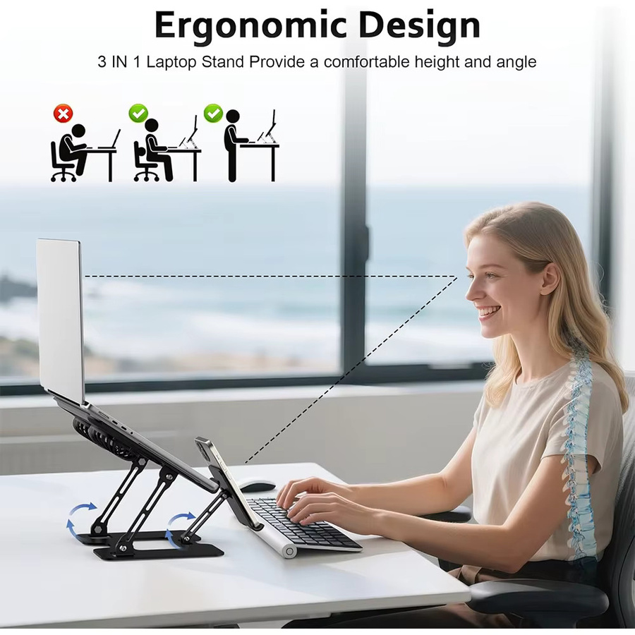Zusammenklappbare 2-in-1 Laptop und Smartphone Halterung aus Kohlenstoffstahl in Schwarz zur ergonomischen Wärmeableitung - Bild 2